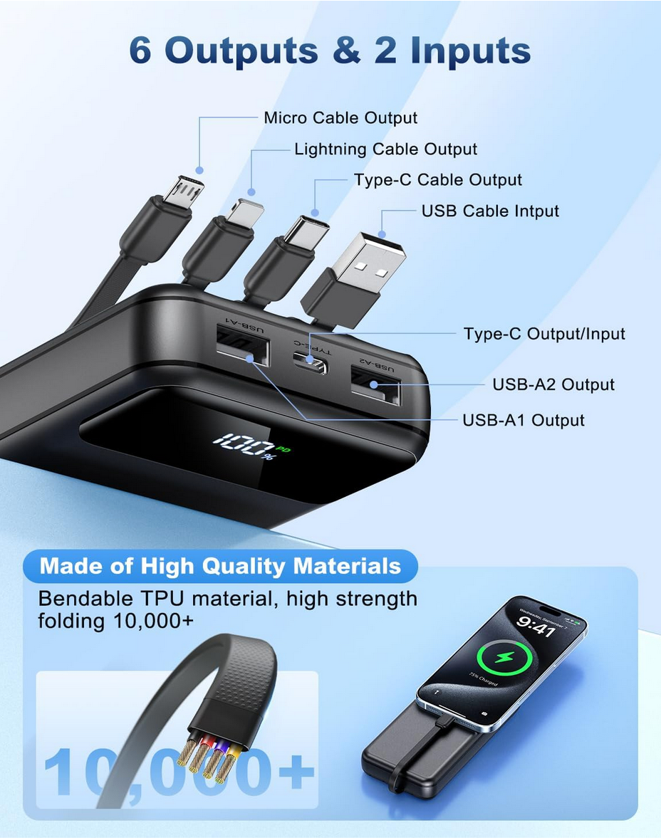 OHOVIV 50000mAh black portable power bank with built-in cables, 6 OUTPUT AND 2 INPUTS